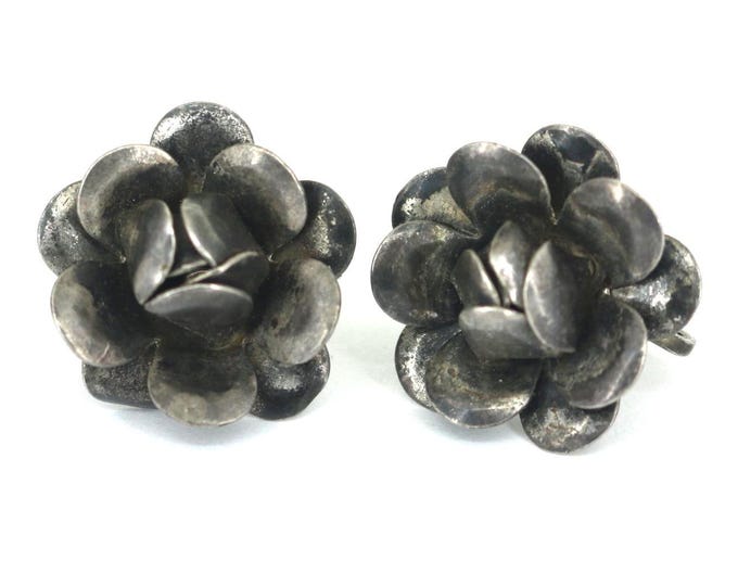 Vintage 3D Flower Floral Screw Back Earrings Sterling Silver ER 948