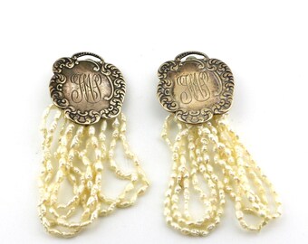 Vintage Foree Hunsicker Luggage Tag Multiple Freshwater Pearl Strings Design Clip On Earrings Sterling Silver 925 ER 635R