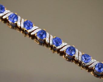Beautiful Sparkling Blue Crystals Two Tone Gold Plated Tennis Link Design Bracelet 925 Sterling BR 395