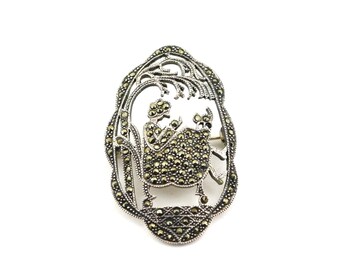Vintage Woman Lady With A Cat Kitten On Her Knees Scroll Beaded Leaves Marcasite Stones Design Brooch Sterling Silver 925 BB 1475J