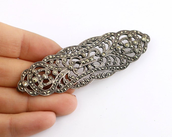 Vintage Beautiful Large Elegant Scroll Marcasite Design Pin/Brooch 925 Sterling BB 608