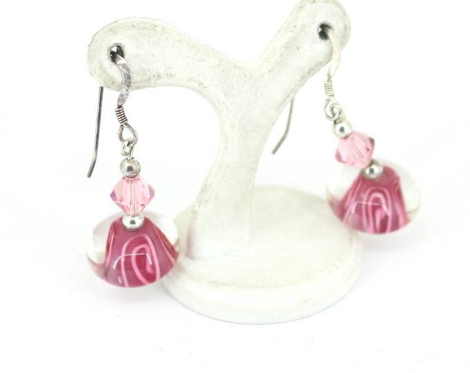 Vintage Handcrafted Pink Beads Design Drop Dangle Earrings Sterling Silver 925 ER 1547