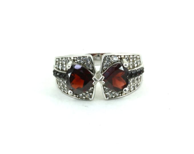 Vintage Size 7 Garnet & Topaz Hearts Band Ring 925 Sterling Silver Rg 4342