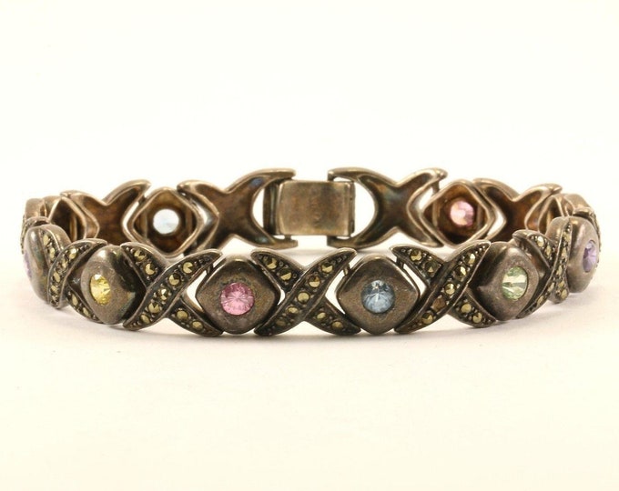 Vintage Xoxo Multi Color Crystals Design Marcasite Bracelet Sterling 925 Br 897(123759779490)