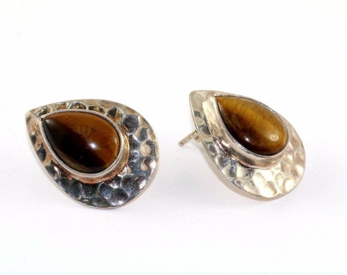 Vintage Dakota West Teardrop Tigers Eye Hammered Stud Earrings 925 Sterling Er 651(401744745755)