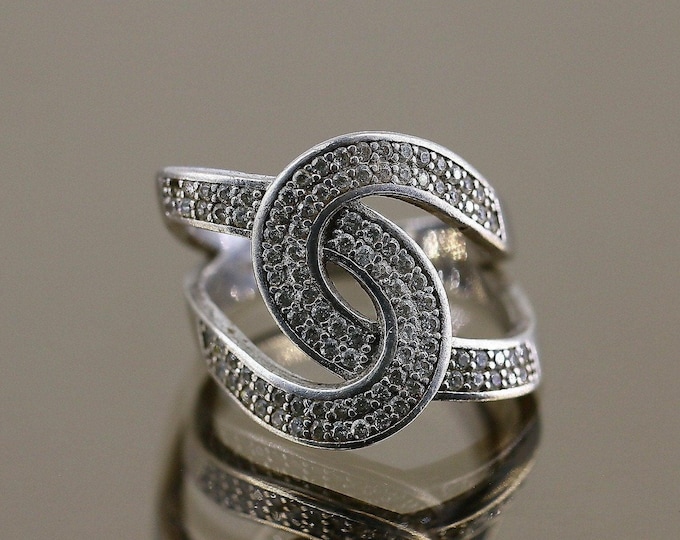 Vintage Chunky Curb Chain Overlap Scroll White Crystals CZ Design Ring 925 Sterling Silver Size 8 RG 4139