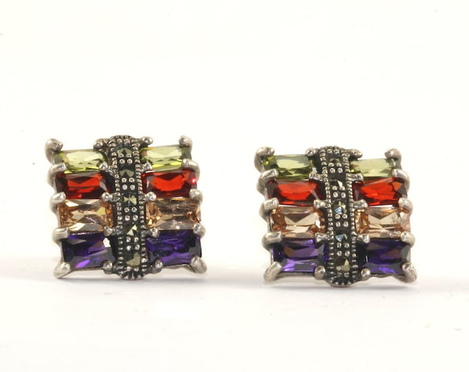 Vintage Square Shape Multicolor Crystals Marcasite Inlay Stud Earrings Sterling Silver ER 730