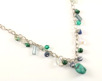 Vintage 16-18 Inch Multi Stone Turquoise Sodalite Blue Dangle Design Chain Necklace 925 Sterling NC 233