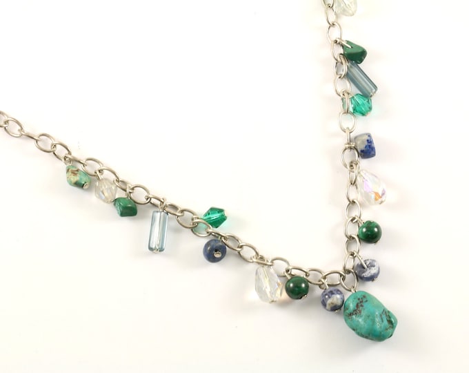 Vintage 16-18 Inch Multi Stone Turquoise Sodalite Blue Dangle Design Chain Necklace 925 Sterling NC 233