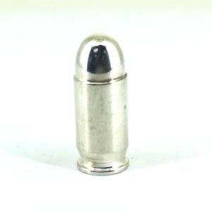 May include: A single, shiny silver bullet with a rounded tip. The bullet is cylindrical with a slightly textured surface and a dark, recessed area at the tip. The bullet is set against a plain white background.