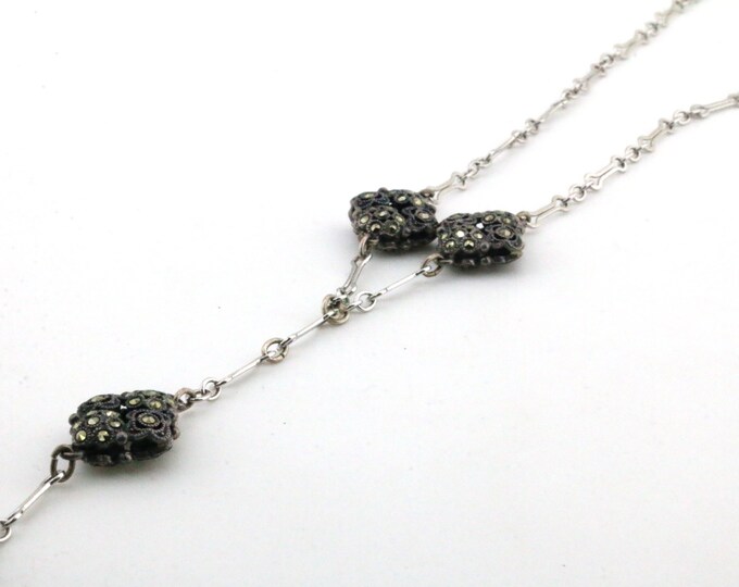 Vintage Marcasite Drop Pendant & Figaro Chain Design Vintage Elegant Necklace for Women 925 Sterling Silver NC 2146Q