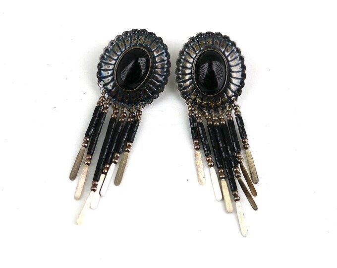 Vintage Shiny Bubble Floral Cut Oval Shape Black Onyx  Southwestern Design Stud Earrings Sterling Silver 925 ER 465