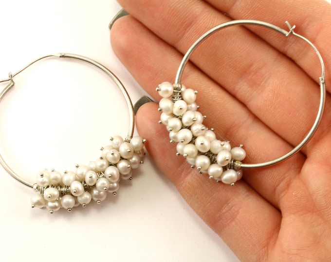 Vintage Natural Pearls Cha-Cha Hoop Earrings Sterling Silver ER 622