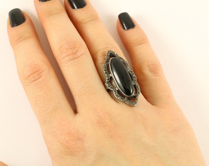 Vintage Size 5.75 Elongated Black Onyx Marcasite Design Ring 925 Sterling RG 2738
