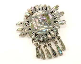 Vintage Beautiful Mexico Abalone Shell Dangle Design Pin/Brooch 925 Sterling Silver BB  1657
