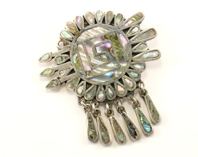 Vintage Beautiful Mexico Abalone Shell Dangle Design Pin/Brooch 925 Sterling Silver BB  1657