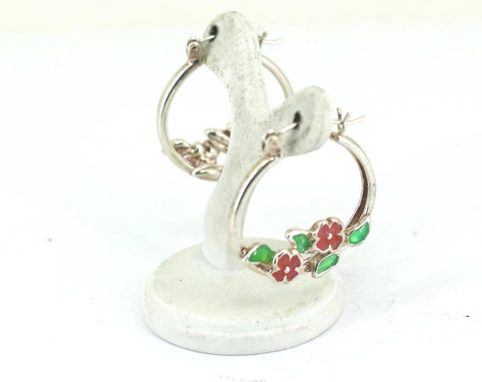 Vintage Gorgeous Pink Flowers Enamel Hoop Earrings Sterling 925 ER 1516