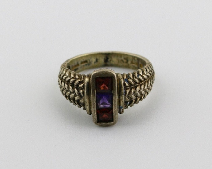 Vintage Red Purple Crystals CZ Braided Wheat Design Large Ring 925 Sterling Silver Size 9.25 RG 4406l
