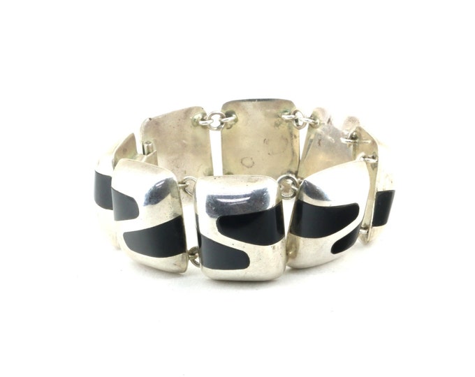 Vintage Heavy Onyx Link Bracelet 925 Sterling Silver BR 1179