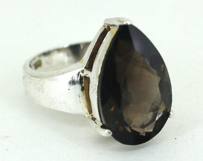 Vintage Large Size 10 Brown Brazilian Smoky Quartz Solitary Ring Sterling 925 Silver RG 3923