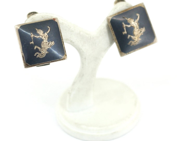 Vintage Siam Niello Dancer Hexagon Clip On Earrings 925 Sterling Silver ER 29
