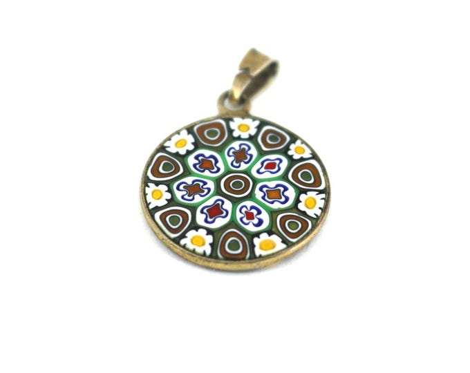Vintage Floral Design Round Italy Murano Glass Pendant 925 Sterling PD 1019