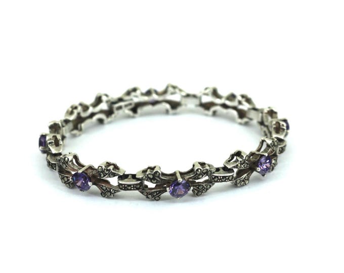 Vintage Sparkling Purple CZ Crystals/ Marcasite Link Bracelet Sterling Silver BR 255