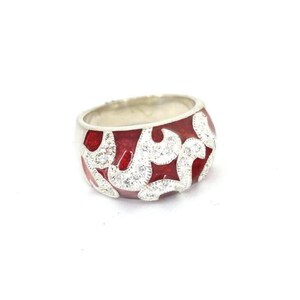 Vintage Ruby Red Enamel Sterling Silver Ring: White CZ Crystals, Size 7.25 RG 4778