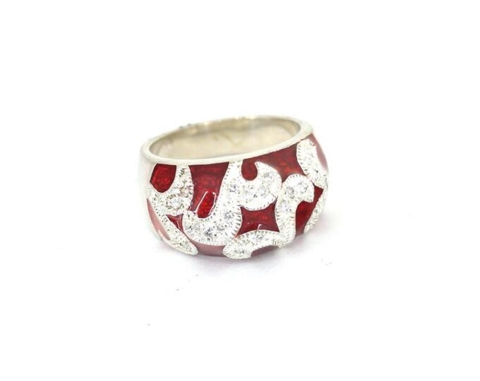 Vintage Size 7.25 Ruby Red Enamel White CZ Crystals Pattern Design 925 Sterling Silver Ring RG 4778