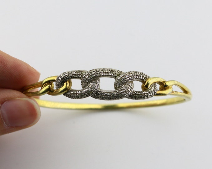 Vintage JWBR Diamonds Inlay Sparkling Oval 14 k Gold Plated Two Tone Braided Curb Chain Design Bangle Bracelet 925 Sterling Silver BR 2248L