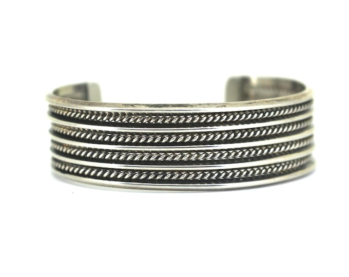 Vintage Navajo Jahe Stamped Braided Twisted Rope Native American Design Cuff Bracelet 925 Sterling Silver BR 1692