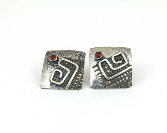Vintage Square Coral Stone Stud Back Earrings Sterling Silver ER 1518