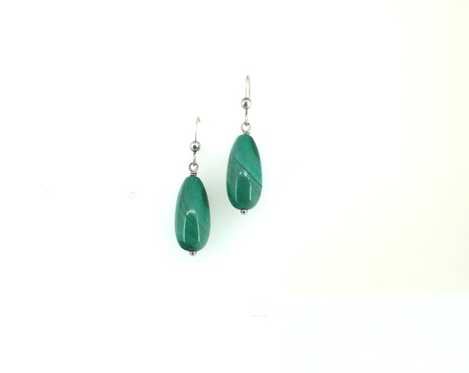 Vintage Oval Malachite Stone Drop Dangle Earrings Sterling Silver ER 829