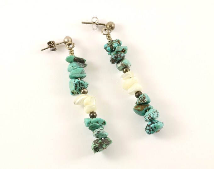 Vintage Natural Turquoise MOP Mother of Pearl Beaded Design Dangle Drop Earrings 925 Sterling Silver ER 1284
