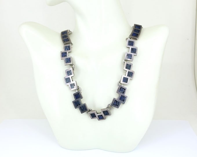 Vintage Mexico TB 149 Blue Stone Maze Design Vintage Ethnic Necklace 925 Sterling Silver NC 1931