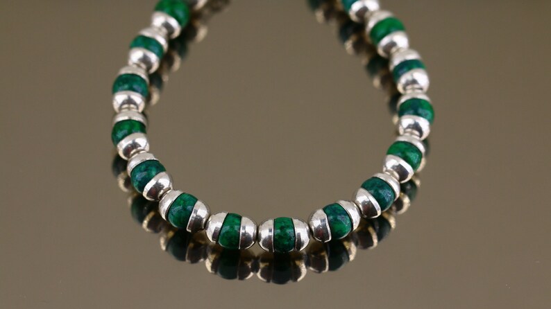 Vintage Mexico Green Malachite Calming Stone Beads Design Link Chain Bracelet 925 Sterling Silver BR 3173