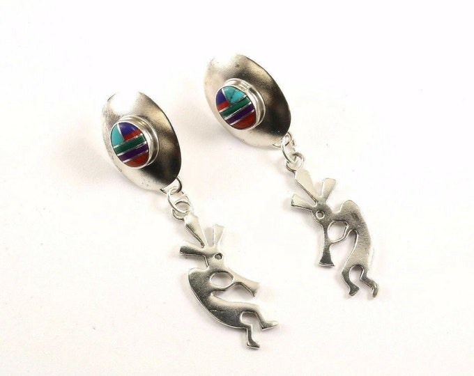 Vintage Southwestern Navajo Kokopelli  Drop/dangle Earrings 925 Sterling Er 1030