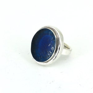 Vintage Size 6.75 Dark Blue Oval Stone Band Ring 925 Sterling Silver  RG 3589