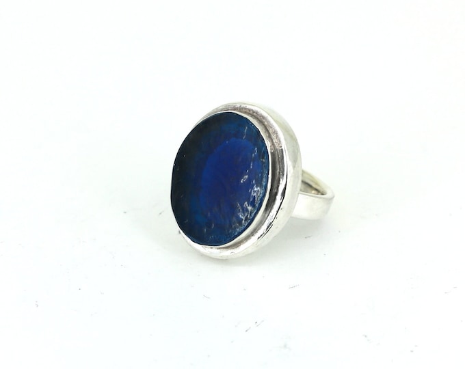 Vintage Size 6.75 Dark Blue Oval Stone Band Ring 925 Sterling Silver  RG 3589