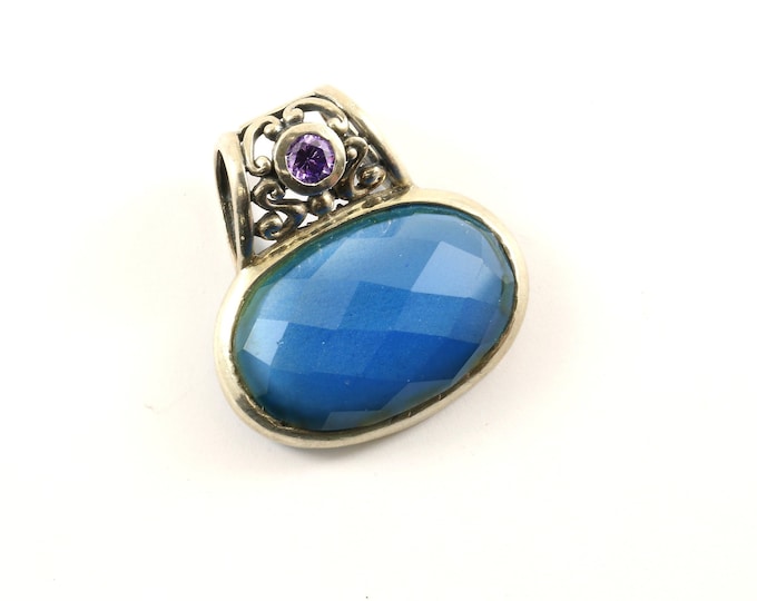 Vintage Beautiful Scroll Purple Amethyst Aqua Blue Crystal Design Pendant 925 Sterling Silver PD 2143