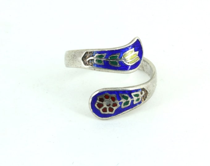 Vintage Size 6 Siam Blue Floral Enamel Wrap Around Ring 925 Sterling Silver Rg 1018