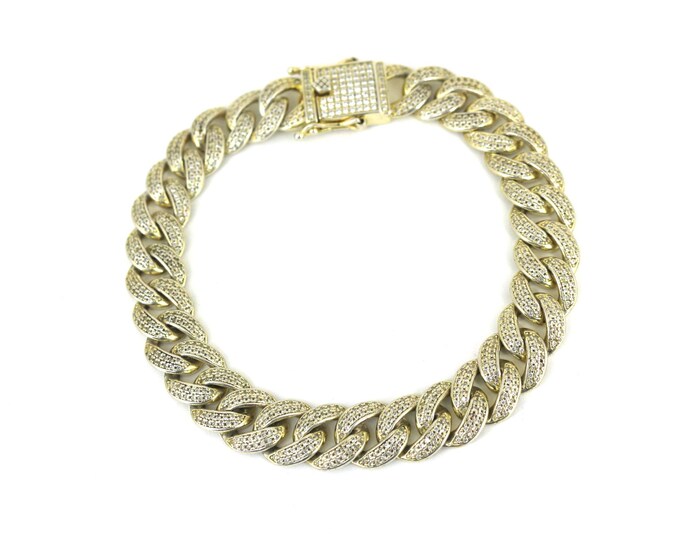 Vintage Shiny Inlaid CZ Crystals Cuban Chain Bracelet Sterling Silver BR 3604