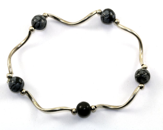 Vintage Black Grey Agate Beads Elastic Stretch Bracelet 925 Sterling Silver BR 1234