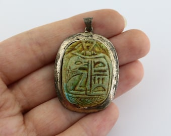 Vintage Beautiful Antient Egypt Egyptian Scarab Bug Curbed Etched Cut Ornament Pharaoh Alphabet Letters Design Pendant 925 Silver PD 2823S