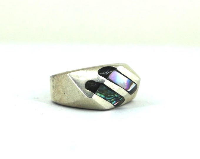 Vintage Mexico Abalone  Abstract Design Signet Ring 925 Sterling Silver Size 6.25 RG 3774