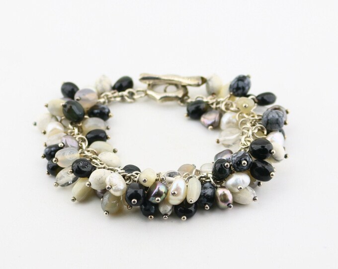 Vintage Multi Stone Beads Beaded Agate Cat's Eye Quartz Pearls Black Tigers Eye Design Chain Bracelet 925 Sterling Silver BR 108D