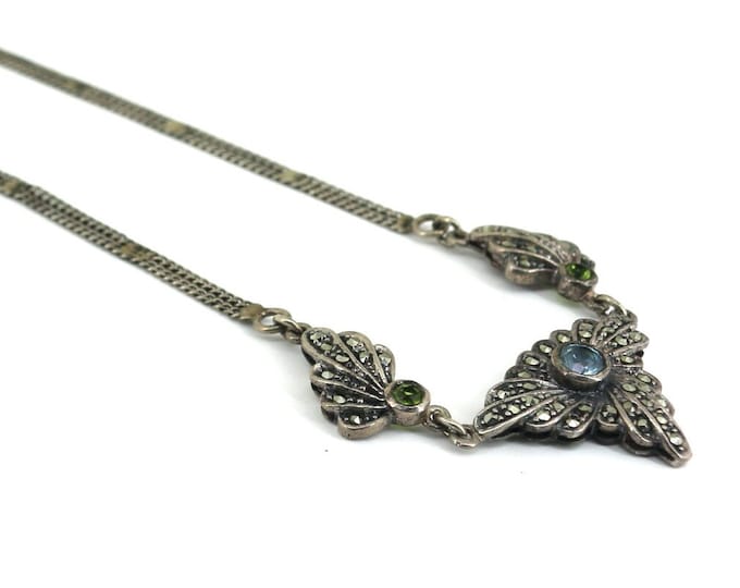 Vintage Antique Inlaid Marcasite & Green Blue Cz Crystals Pendant Necklace NC 1917