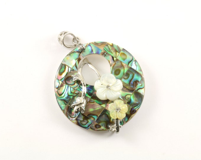 Vintage Abalone Shell Flowers Floral Design Pendant 925 Sterling  PD 2037