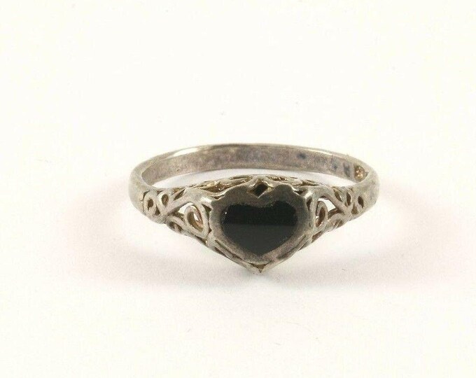 Vintage Black Onyx Heart Stone Shape Scroll Design Ring 925 Sterling Rg 3775(401763280947)