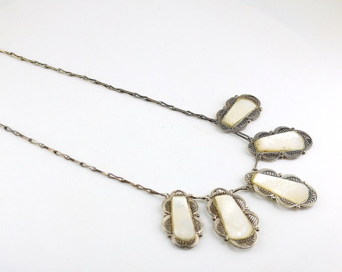 Vintage Five Shiny Flat Filigree White MOP Mother Of Pearl Design Necklace 925 Sterling Silver NC 1391